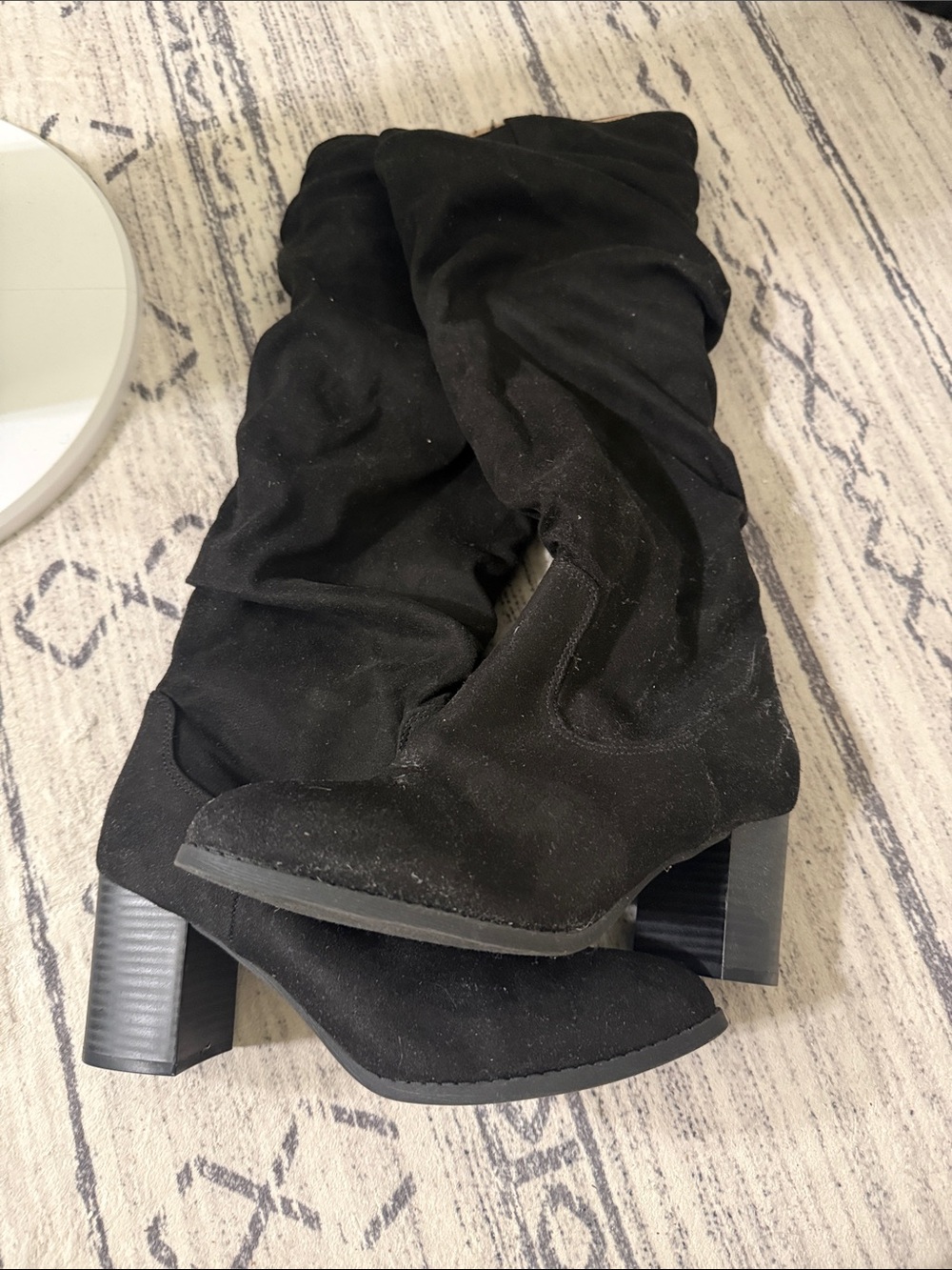 Journee Collection Black Suede-Look Slouchy Block Heel Boots